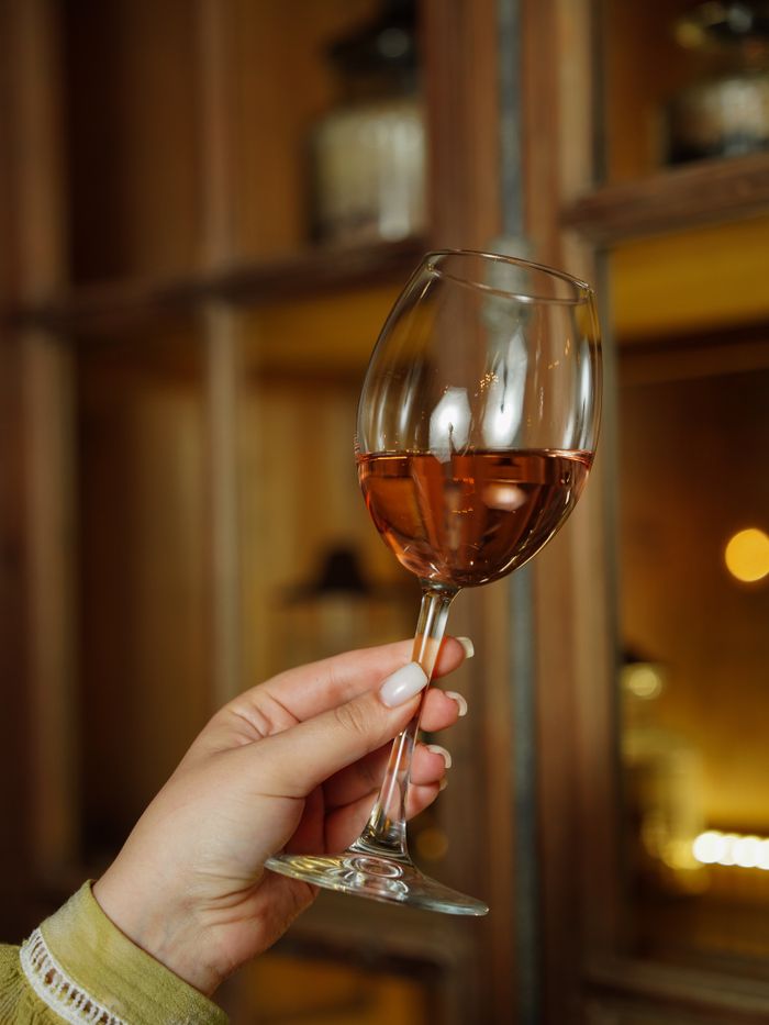 A person casually holding a glass of rose wine indoors, reflecting leisure and sophistication.